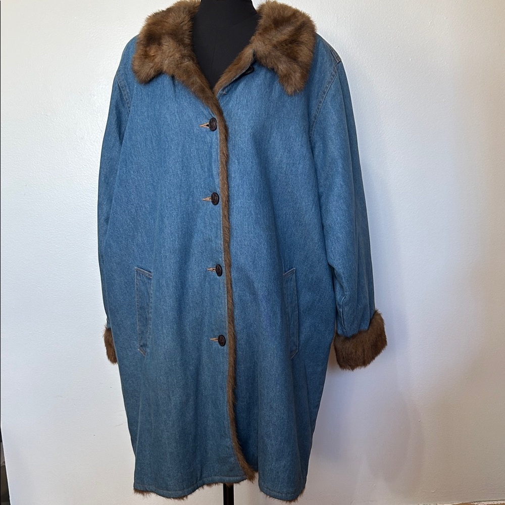 Denim&Co Blue Jean Jacket with Brown Faux Fur